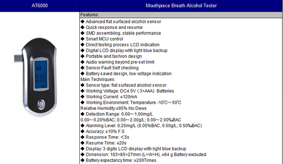 At6000 Breathalyzer Alcohol Tester Quick Response Time