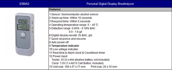 Semiconductor Alcohol Sensor Personal Bac Tester 6389a2 With 2 X Aaa Alkaline Battery